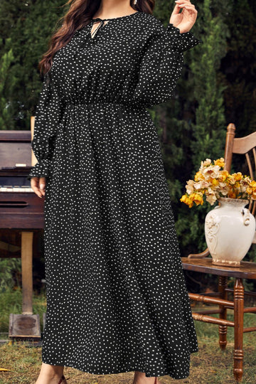 Woochic robe grande taille col en rond imprimé pois trapèze manches évasées noir XL